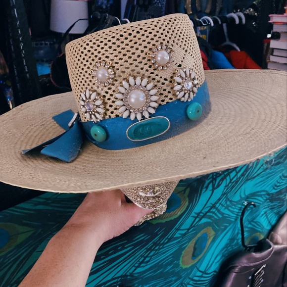Customed Blue Ribbon Jeweled Straw Hat main image 8